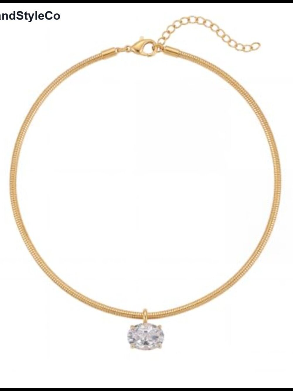 316L Stainless Steel Gold Collar Necklace Oval Cubic Zirconia Pendant Choker